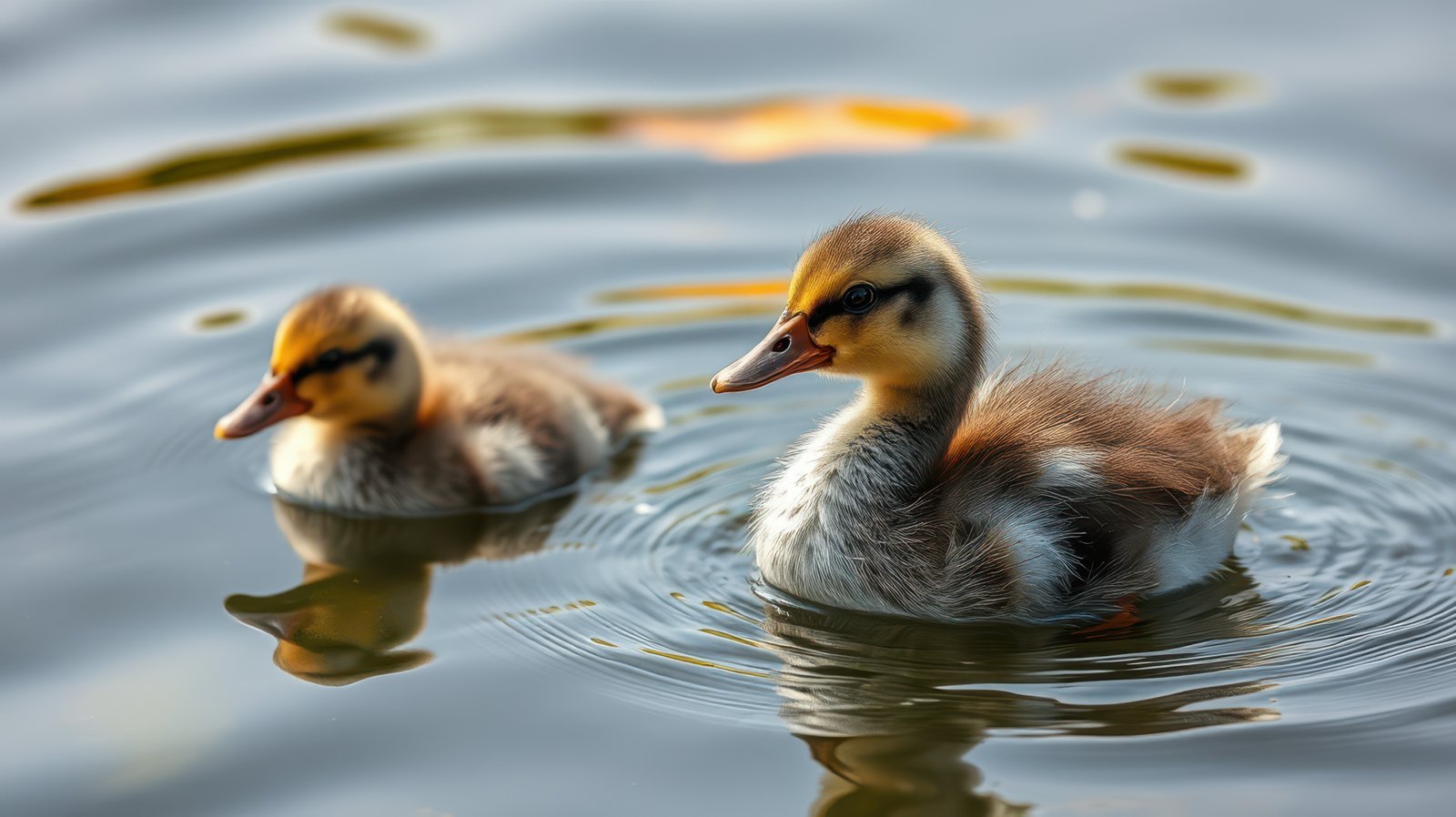 Baby ducks swim peacefully in a serene pond on a sunny afternoon in early spring